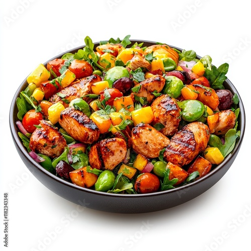 A vibrant bowl of grilled Mandarin Chicken Salad mixed with fresh vegetables and fruits, showcasing healthy and colorful eating.