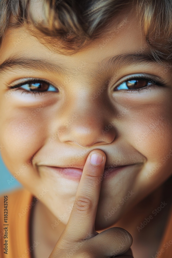 Smiling child makes a shh gesture with finger resting on lips during sunny afternoon playtime Smiling child makes a shh gesture with finger resting on lips during sunny afternoon playtime