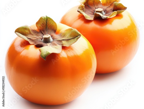 Fresh ripe persimmons displayed on a white background showcasing their vibrant orange color and unique leaf crown photo