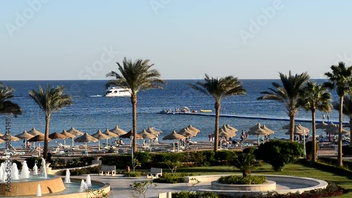 Motor yacht and beach at the luxury hotel with sound of fountain, Sharm el Sheikh, Egypt