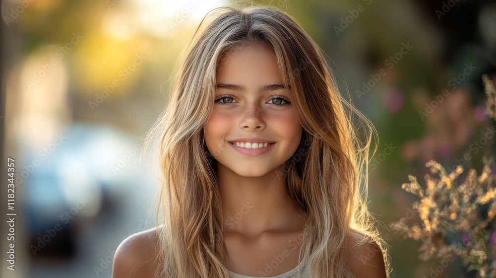 Obraz premium Portrait of a young girl smiling in a sunlit street capturing the essence of a warm afternoon in a vibrant neighborhood