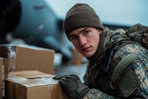 Soldier handles supplies during a deployment operation at an airbase in a secure environment early in the morning photo