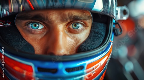 Intensity in the eyes of a race car driver moments before a race at a motorsport event in the early afternoon sunlight, showcasing focus and determination while wearing a colorful helmet photo