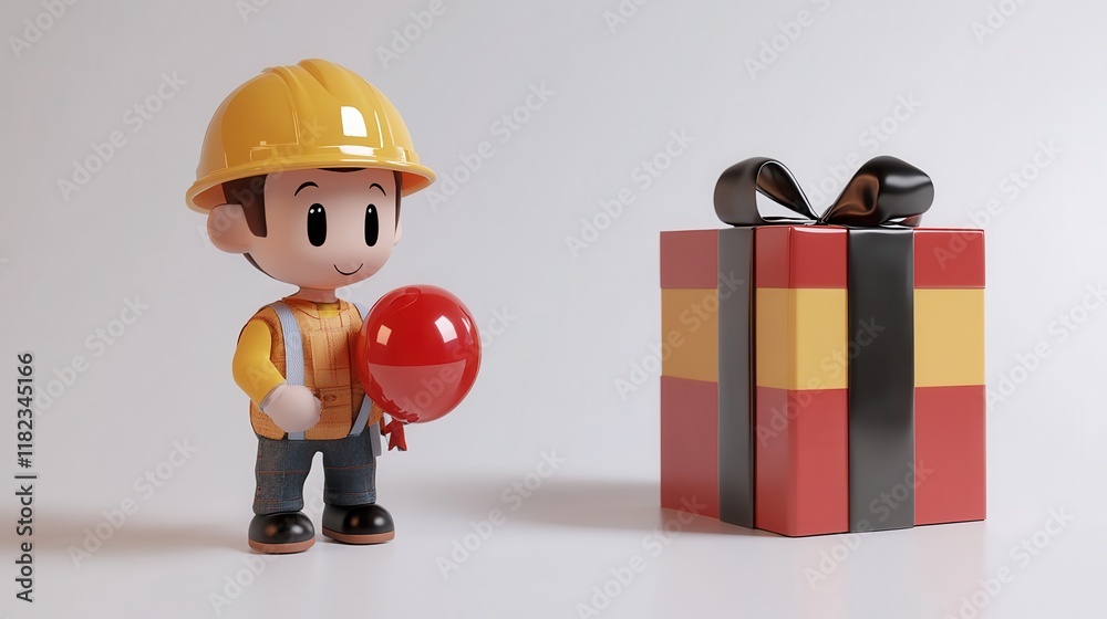 Obraz premium A cute cartoon construction worker holds a red balloon beside a gift. Ideal for Labor Day or construction-themed celebrations.