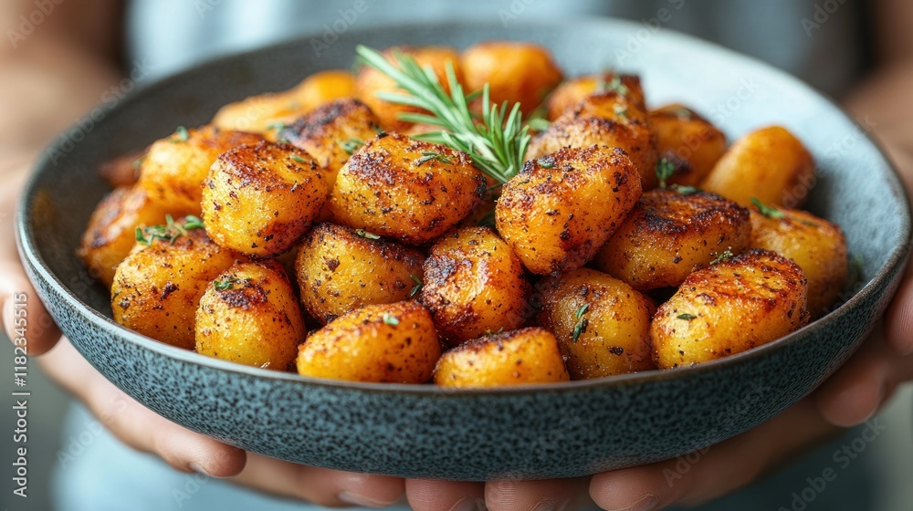 A person holding a bowl of crispy, golden gnocchi. A person holding a bowl of crispy, golden gnocchi.