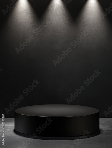 Circular black platform with spotlighting against a dark wall for presentations or displays in a minimalist setting