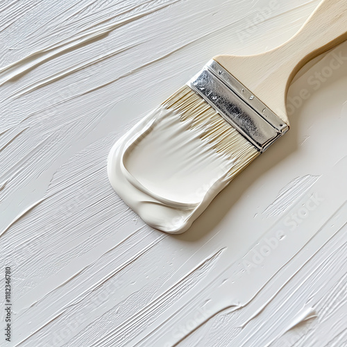 Freshly applied white paint with brush on textured surface creates clean and modern look. smooth strokes and creamy consistency evoke sense of creativity and renewal photo