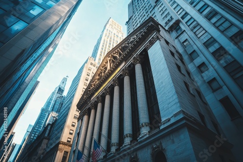 Cityscape:  classical columns, modern buildings, urban scene.