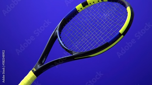 A sleek black and neon yellow tennis racquet against a vibrant blue backdrop. Ideal for sports equipment ads or tennis-themed visuals. photo