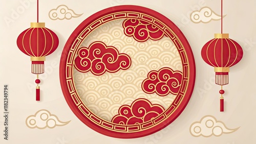 Red and Gold Auspicious Clouds with Lanterns, Circular Frame, Chinese New Year Theme, Flat Design, High-Resolution, No Text, Simple Background.