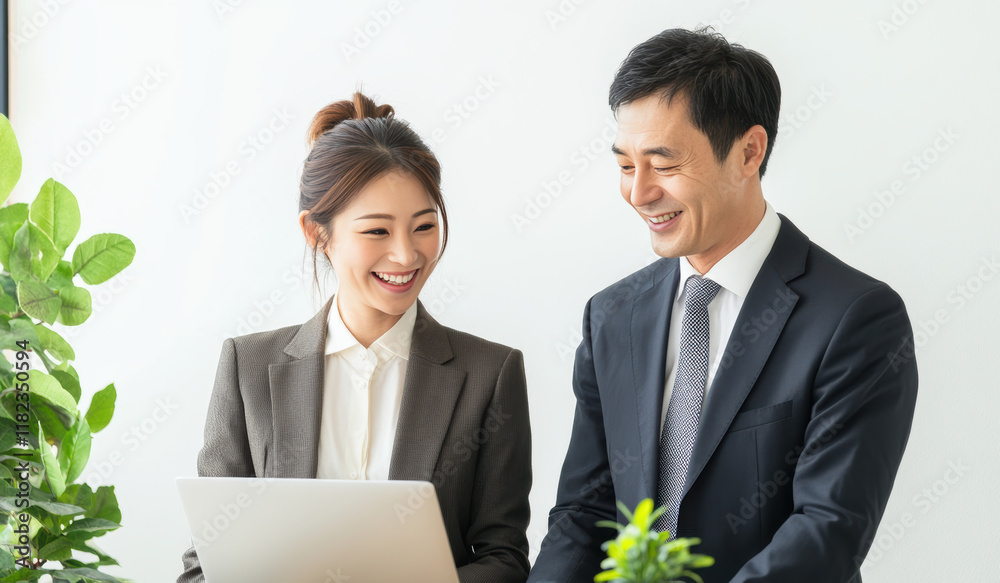 professional Chinese businesswoman and businessman in formal black suits, standing side by side, smiling confidently while working on a laptop in front of white background. professional Chinese businesswoman and businessman in formal black suits, standing side by side, smiling confidently while working on a laptop in front of white background.
