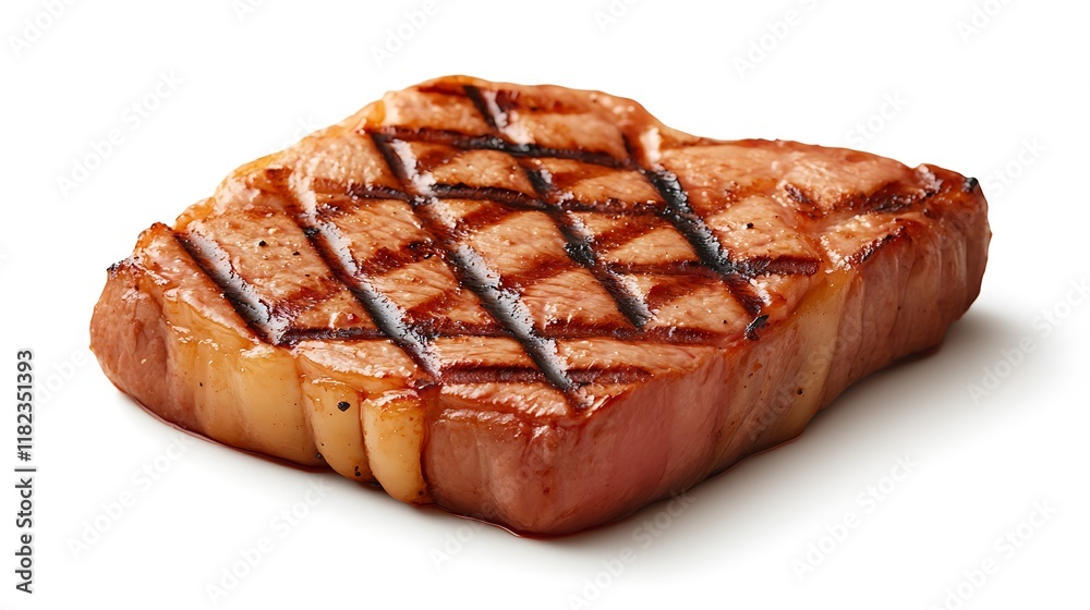 A perfectly grilled steak piece of pork or beef tender and juicy isolated on a white background. A perfectly grilled steak piece of pork or beef tender and juicy isolated on a white background.