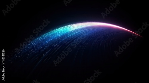 A vibrant arc of light trails across a dark backdrop. Suggests speed, innovation, or data flow. Ideal for technology or abstract-themed projects.