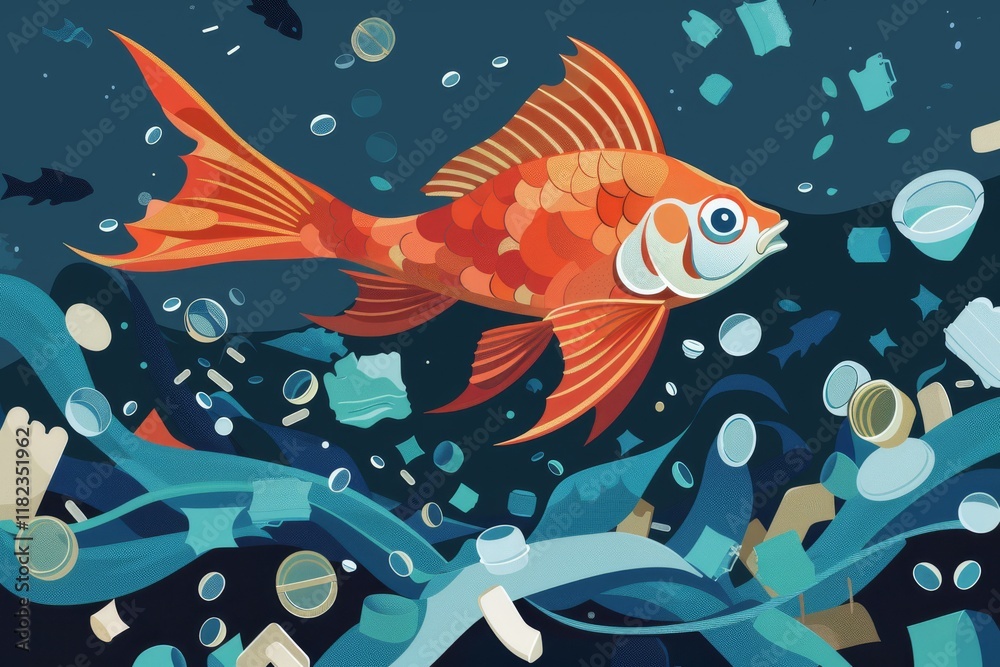 Fototapeta premium Colorful fish amid ocean plastic waste