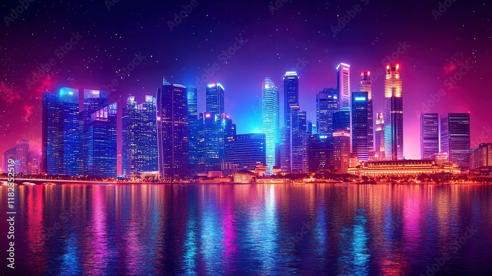 Fototapeta premium Vibrant cityscape at night, reflecting in water.