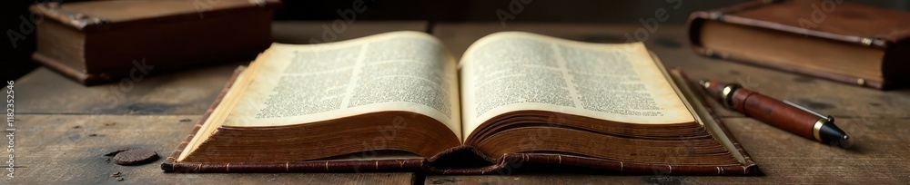 Leather-bound book on a wooden desk with quill pen, antique decor, quill pen Leather-bound book on a wooden desk with quill pen, antique decor, quill pen