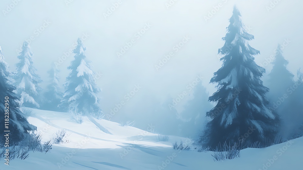 Naklejka premium Snowy landscape with frosted pine trees on a misty winter day.