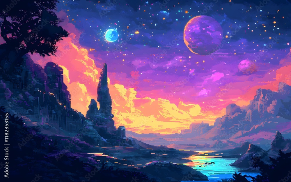 A breathtaking landscape featuring vibrant colors, majestic mountains, and celestial planets under a starry sky A breathtaking landscape featuring vibrant colors, majestic mountains, and celestial planets under a starry sky
