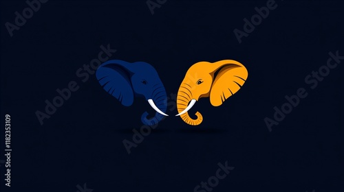 Two stylized elephant heads face each other against a dark background. One is blue, the other orange. photo