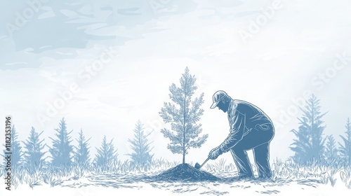 illustrationoutline of a forester planting a new tree, Sustainable forest management, 16:9 photo