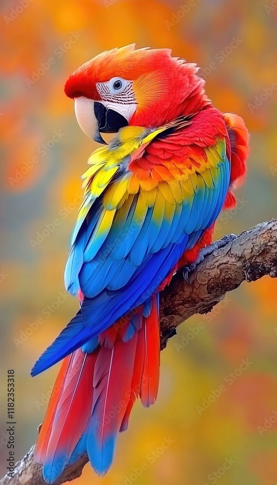 Fototapeta premium A vibrant parrot perched on a branch, showcasing colorful feathers against a blurred background.