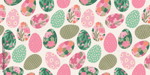Happy Easter. Vector seamless pattern. Easter eggs with abstract flowers.