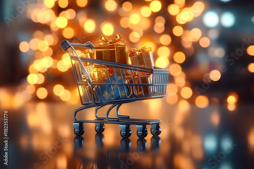 Shopping cart with gifts on festive bokeh background. Black Friday, Boxing Day and Chrismas discounts. E-commerce, retail, and marketing. Holiday gift-giving photo