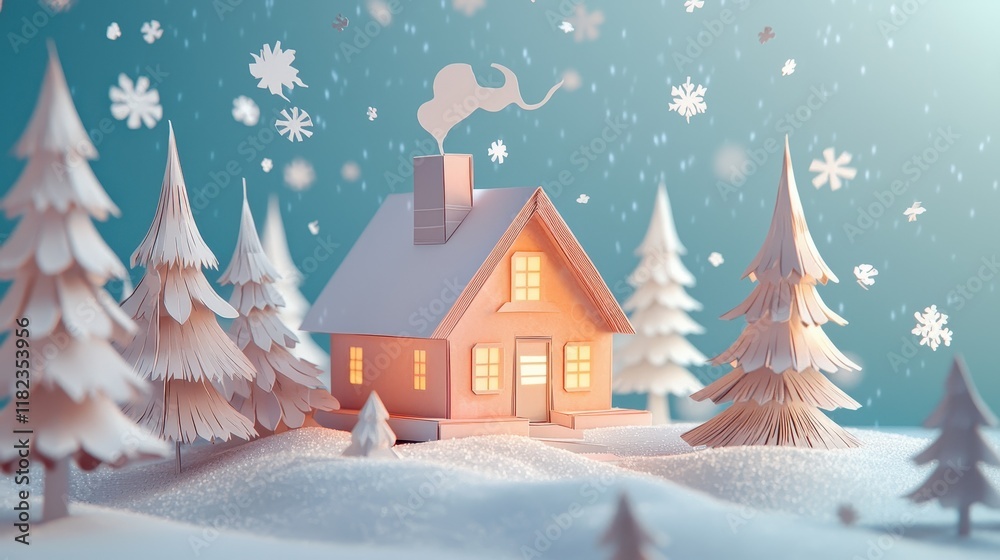 Paper art winter cabin with glowing windows and snowy forest Paper art winter cabin with glowing windows and snowy forest