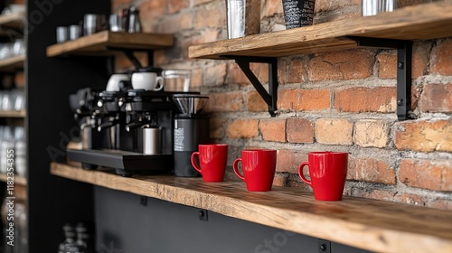 A row of red coffee mugs sitting on a wooden shelf in a coffee shop photo