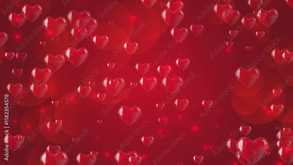 pink valentine day heart animated background. 3D red heart flying. Wedding anniversary, love background. Beating Heart. Bokeh, particle, shimmer, sparkle, with heart. Seamless 4K