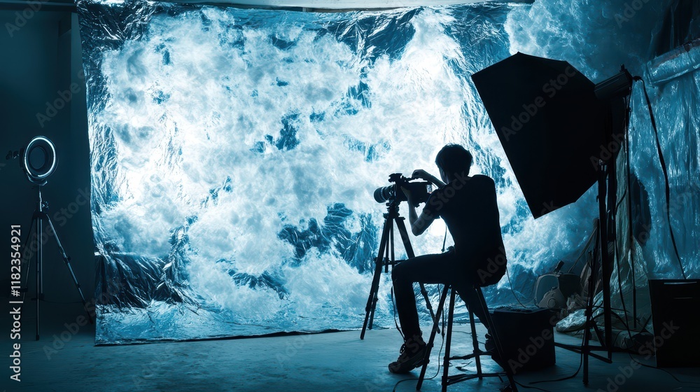A professional photographer taking photos of a model in a studio setting, with studio lights and camera equipment, symbolizing photography and creativity A professional photographer taking photos of a model in a studio setting, with studio lights and camera equipment, symbolizing photography and creativity