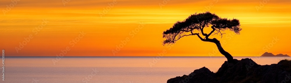 Sunset Serenity: Lone Tree Silhouette at Ocean's Edge Sunset Serenity: Lone Tree Silhouette at Ocean's Edge