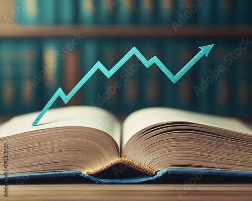 An open book with a rising graph symbol above it, signifying knowledge growth, financial success, and investment strategies in a scholarly environment.