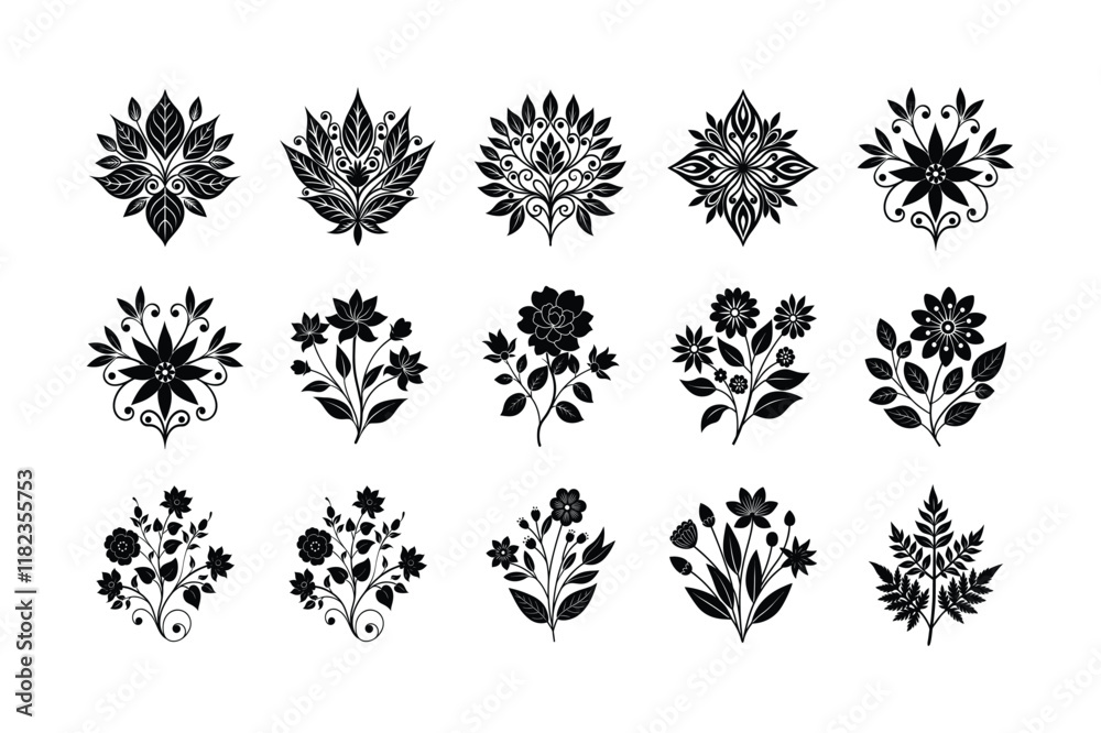 WebBlack Silhouette of Flowering Branch on White Background WebBlack Silhouette of Flowering Branch on White Background