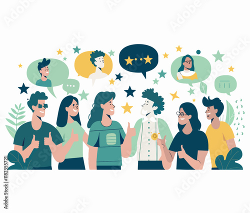 Diverse group giving thumbs up with speech bubbles and stars on mint background.