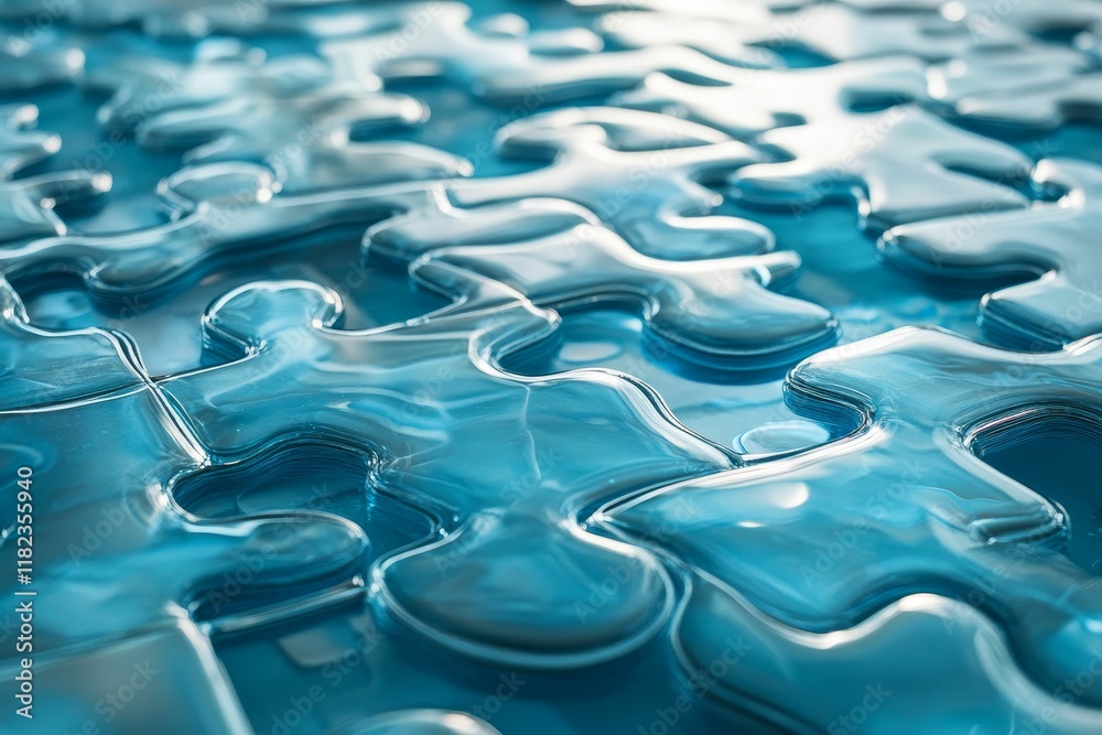 Obraz premium Blue, interlocking, translucent puzzle pieces.