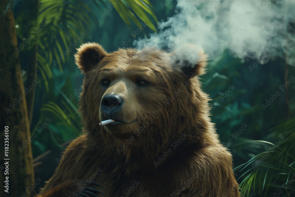Fototapeta premium Bear smoking cigarettes in the jungle. generative AI