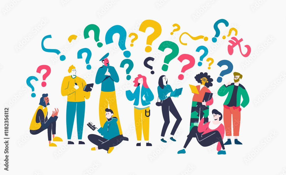 Fototapeta premium Colorful illustration of people surrounded by question marks showing curiosity and inquiry.