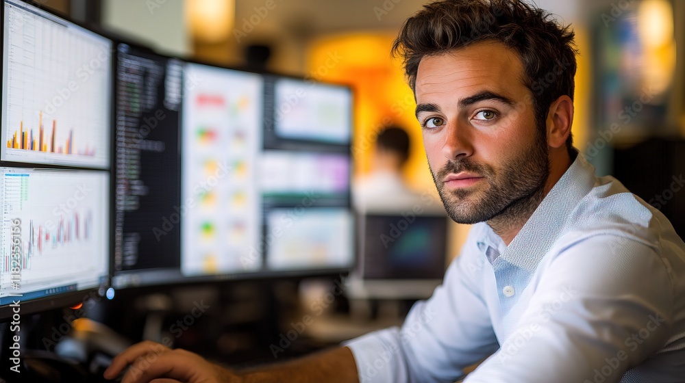 Financial analyst studying data on multiple screens, focused and dynamic office environment Financial analyst studying data on multiple screens, focused and dynamic office environment