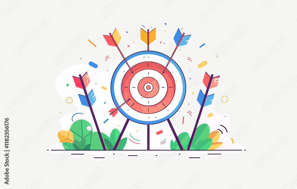 Fototapeta premium Playful illustration of archery target with arrows and decorative elements in vibrant colors.