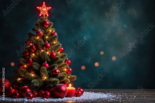 Roter Sternenschweif ?ber einem Weihnachtsbaum mit roter Tafel und Kerzenlichtern, winter wonderland, festive lights photo