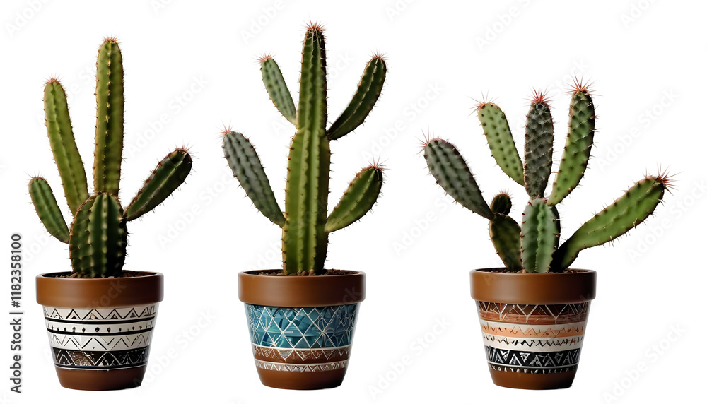 Fototapeta premium Set of various cactus plants in pots isolated on transparent background.