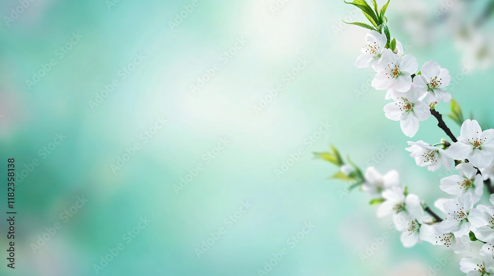 Fototapeta premium Beautiful Spring Blossoms on Teal Background Delicate White Flowers Branch