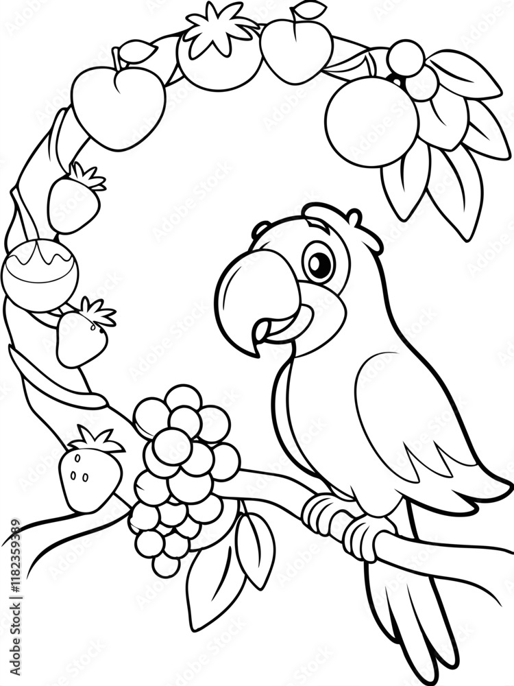 Happy Parrot on Branch with Fruit Wreath Coloring Page Happy Parrot on Branch with Fruit Wreath Coloring Page