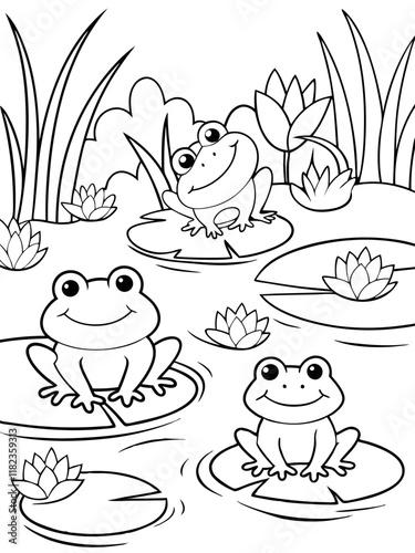 Three Happy Frogs on Lily Pads in a Pond Coloring Page photo