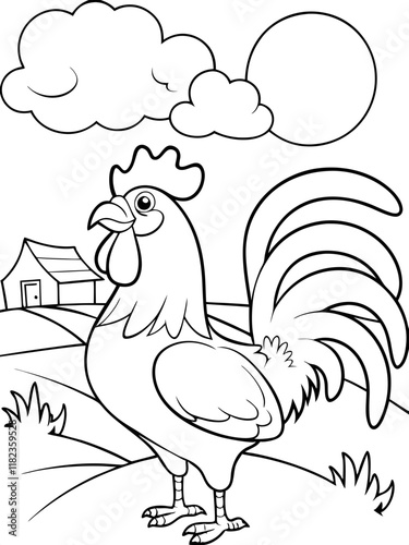 Rooster Farm Animal Coloring Page Rural Scene Sun Clouds