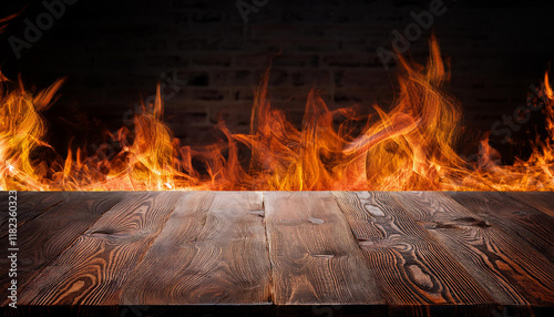 pine timber texture desk countertop with burn hearth wooden floor and darkish wall photo