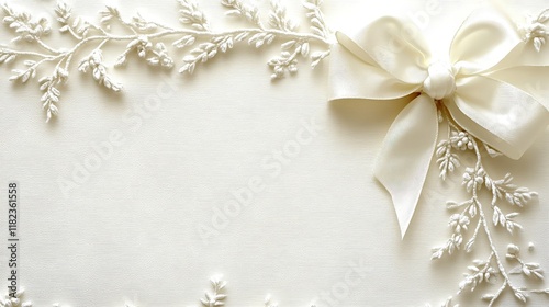 Elegant off-white textured background with a satin bow and floral accents. Ideal for wedding invitations, announcements, or thank you cards.