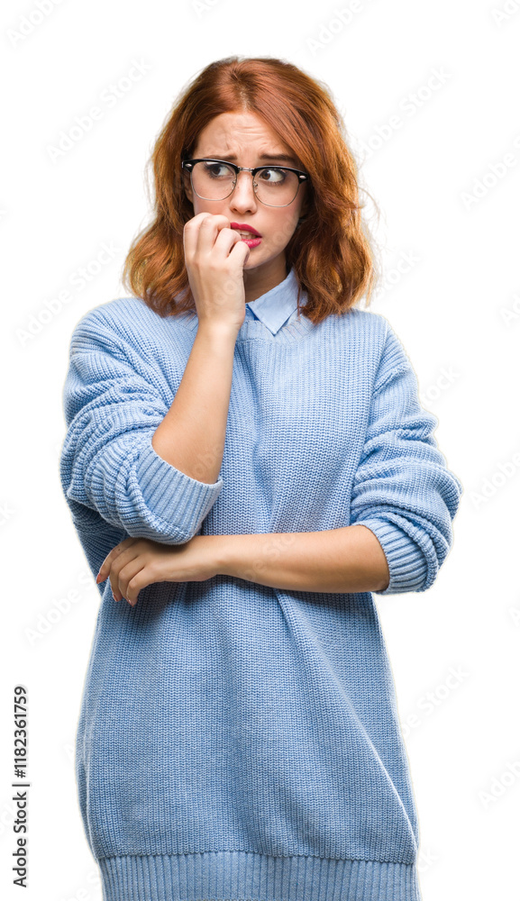 Young beautiful woman over isolated background wearing winter sweater looking stressed and nervous with hands on mouth biting nails. Anxiety problem. Young beautiful woman over isolated background wearing winter sweater looking stressed and nervous with hands on mouth biting nails. Anxiety problem.