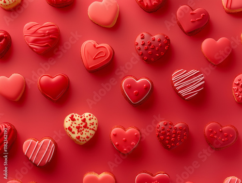 Valentine's day background with heart-shaped cookies and icing. Top view. AI generation.